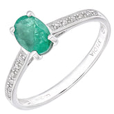 0.79ct Round Emerald and Diamond Ring with sidestones in UK Hallmarked 9ct White Gold